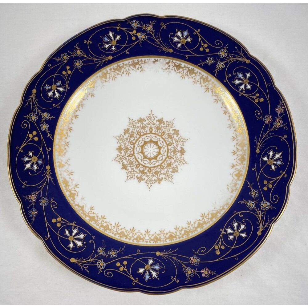 Cobalt Blue Gold Gilded Floral Plate Numbered No Makers Mark Vintage 7.5"